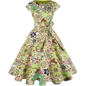 Women's 1950 Boatneck Cap Sleeve Vintage Swing Cocktail Party Dress with Pockets